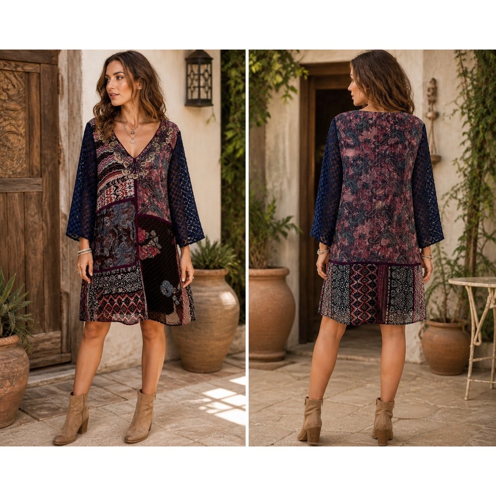 Soft Surroundings Boho Patchwork Embroidered Beaded Velvet Sleeve Tunic Dress XL